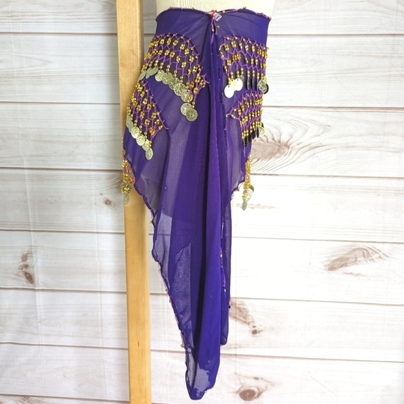 Chiffon Beaded Three Row Coin Festival Belt Scarf Wrap in Purple and Gold - Picture 5 of 14